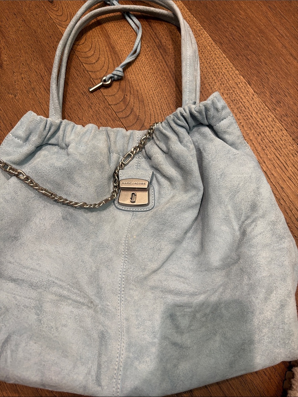 Marc Jacobs Powder Blue Suede Shoulder Bag with Chain Detail
